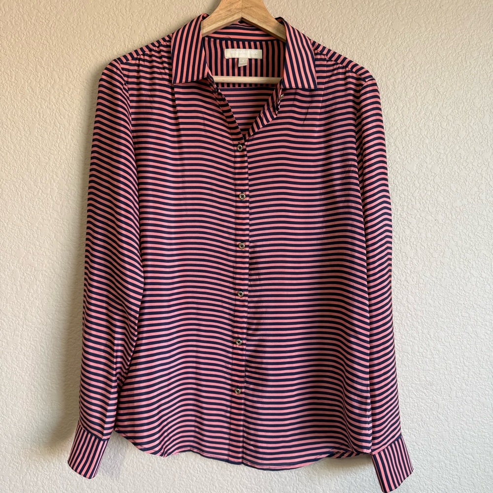 Banana Republic 100% Silk Pink Navy Striped Button-Down Shirt Parisian Sz S